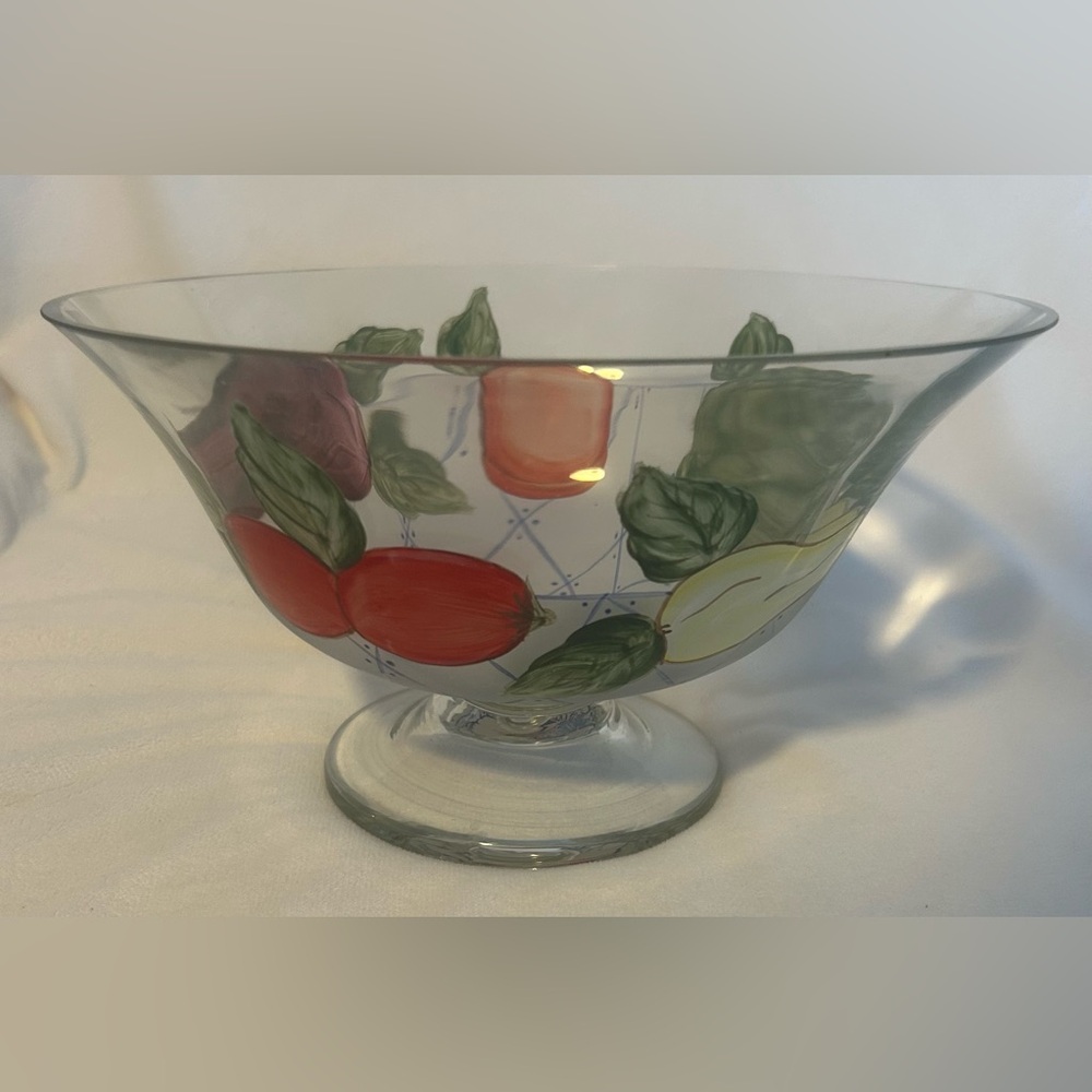 10” Glass Pedestal Bowl With Painted Fruit, Frosted Bottom, Colorful, Beautiful